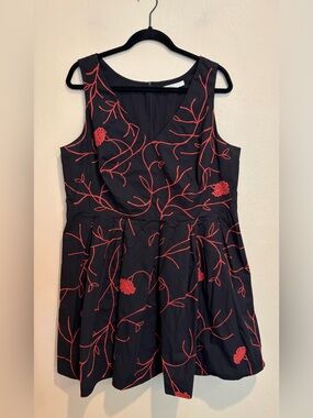 Dark Black Midi Dress w/ Red Floral Vine Embroidery, V-neck, Plus Size 18